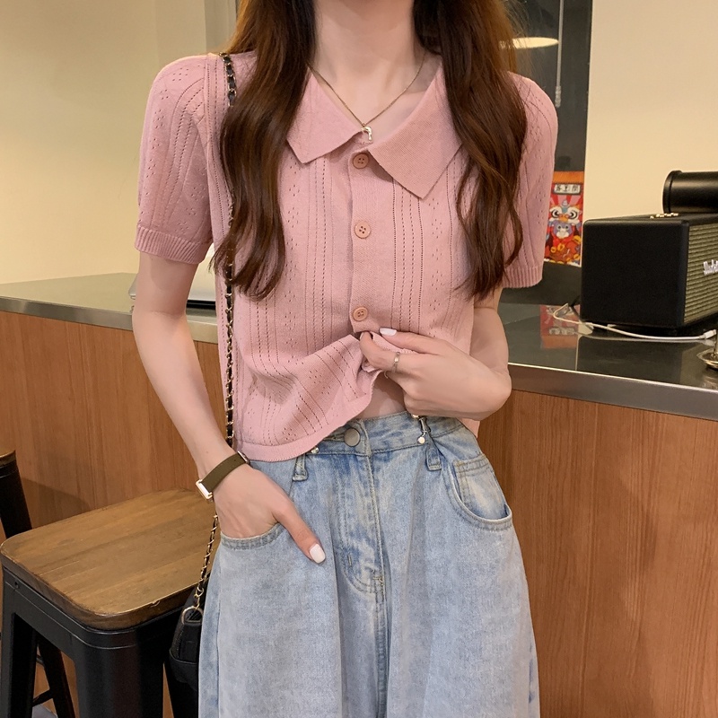 Áo kiểu XIAOZHAINV tay ngắn cổ polo vải lụa lạnh 3 màu sắc tùy chọn thời trang dành cho nữ