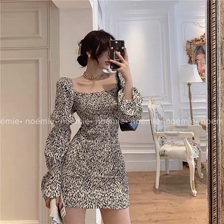 Váy da beo body cổ vuông tay bồng