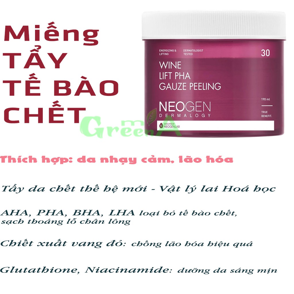 Tẩy Da Chết Vang Đỏ Neogen Dermalogy Wine Lift PHA Guaze Peeling Pad 30 Miếng [NHẬP KHẨU CHÍNH HÃNG] - BebeauSkinShop