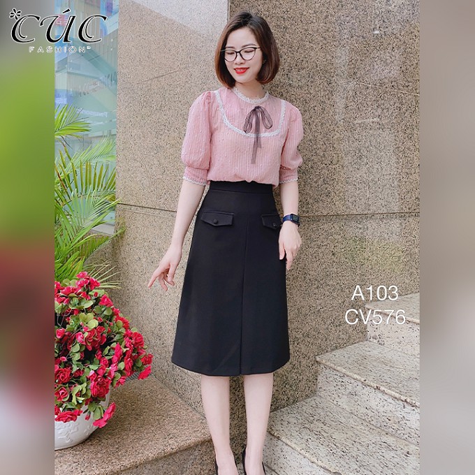 Áo sơ mi nữ công sở cao cấp Cúc Fashion A103 áo somi cộc viền u nơ đen