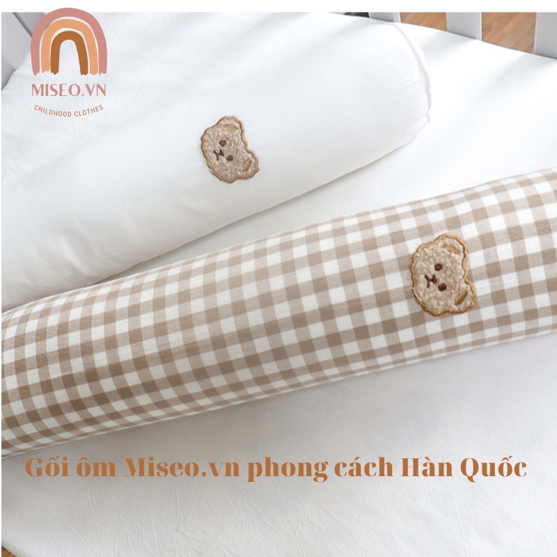 Gối ôm ngủ cho bé dáng tròn dài ruột bông cao cấp thêu hình gấu cute an toàn cho trẻ em sơ sinh