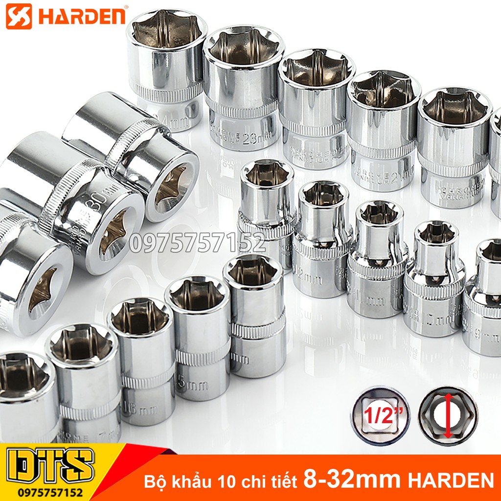 Bộ 14 chi tiết đầu khẩu ngắn 8-32mm 6 cạnh 1/2 Inch cao cấp HARDEN, KAPUSI thép Nhật CR-V độ cứng 60HRC, đầu tuýp 1/2