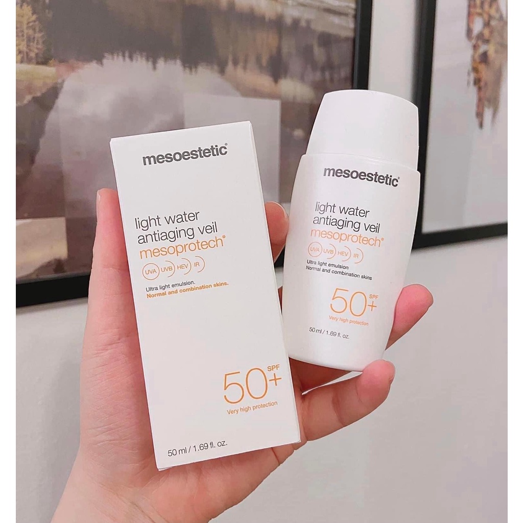 Kem chống nắng Mesoestetic Mineral Matt Antiaging Fluid Mesoprotech và Light Water Antiaging Veil  SPF50+