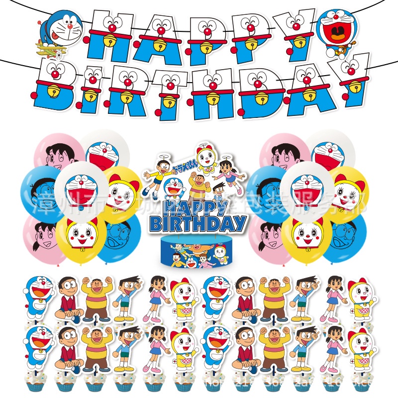 Set Bong Bóng + Thẻ Giấy In Hình Doraemon Trang Trí Bánh Sinh Nhật