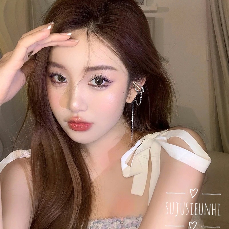 CÓ VIDEO (KHÔNG XỎ) Khuyên tai 3 lớp kẹp vành đính ngọc nhân tạo tua rua thả dài đeo 1 bên duyên dáng