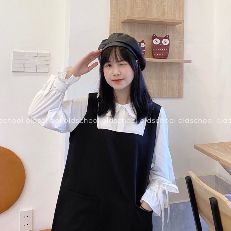 Váy yếm nữ cổ sen sơ mi trắng dài tay thân yếm đen, Váy nữ đi chơi babydoll điệu đà nơ tay bánh bèo  (TTA112)