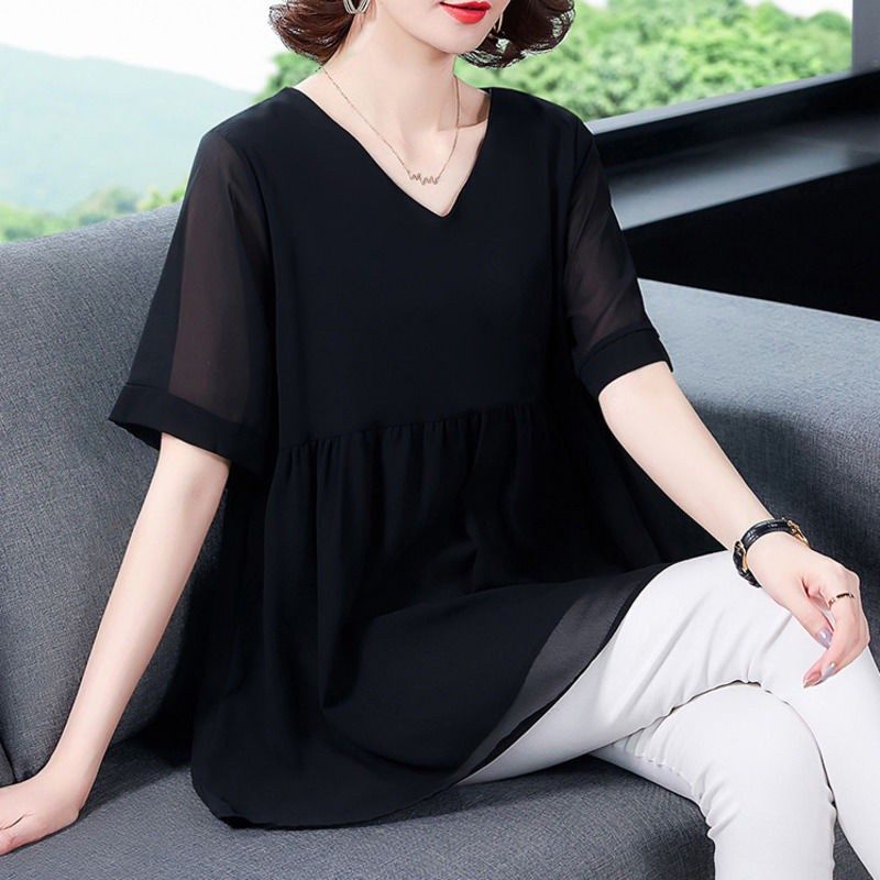 Áo voan tay ngắn cổ chữ V thời trang dành cho nữ