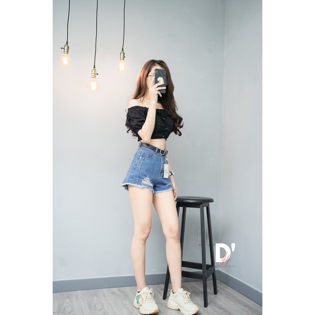 Quần short jean nữ lưng cao phối rách denim cotton, rin ngắn phối rách D'Naly SJ09