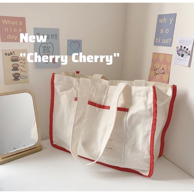 TÚI VẢI TOTE CANVAS CHERRY VIỀN ĐỎ CÓ KHÓA KÉO VÀ NGĂN NHỎ