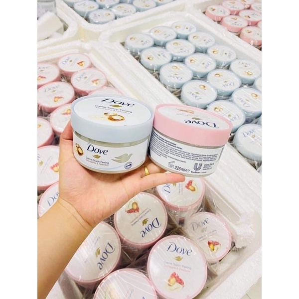 Tẩy tế bào chết Dove bản Đức lựu bơ và macca sữa gạo làm sạch da body, dưỡng trắng, cấp ẩm hũ 225gr