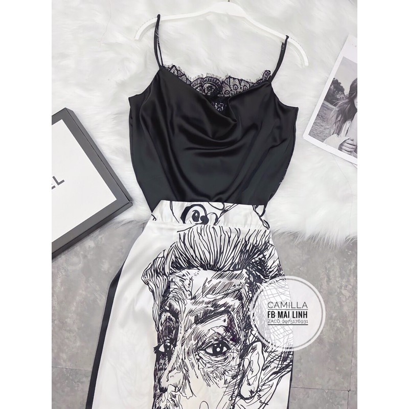 ⚡️BÁN SỈ⚡️Set áo 2 dây cổ ren kèm chân váy hoạ tiết đen trắng | BigBuy360 - bigbuy360.vn