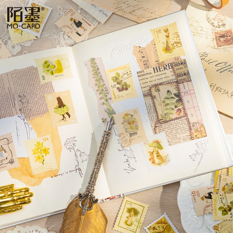 Enjoymore Set 46 Miếng Dán Hình Tem Vintage + Bìa Thư Cổ Điển Trang Trí Sổ Bullet Journal Hình Dán Sticker Nhãn Retro
