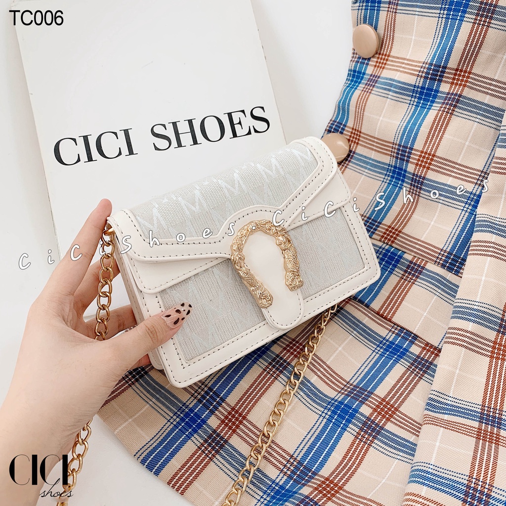 Túi xách nữ CiCi Shoes, túi đeo chéo chữ nhật thêu ánh kim khoá rắn đồng - TC006