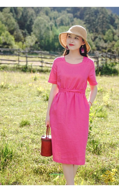 Váy linen  dáng suông nhún vai, tay ngắn đủ size S đến XL 44-63kg