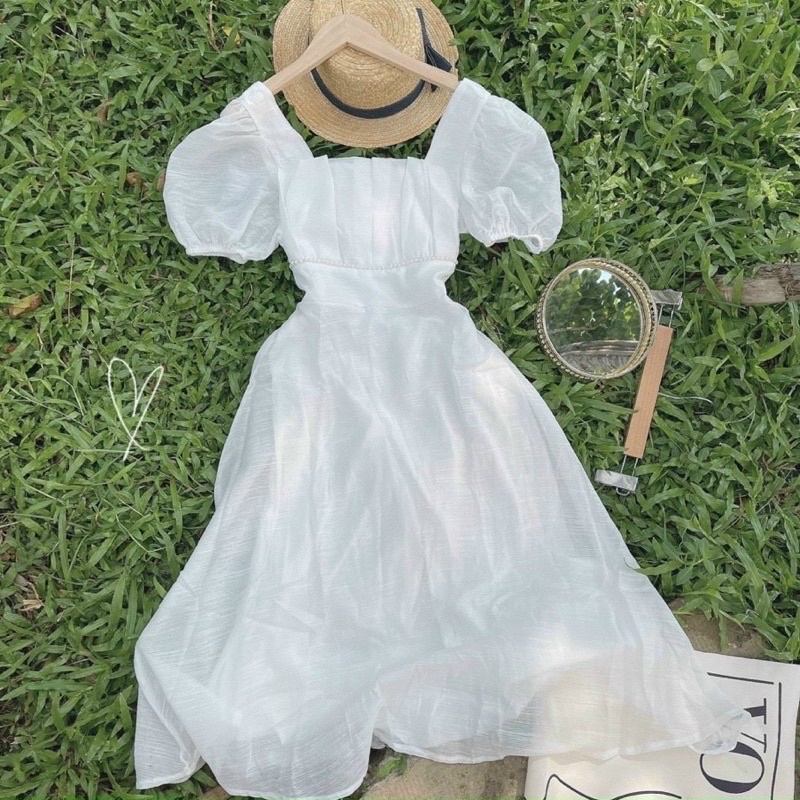 ĐẦM MIDI TRẮNG CỔ VUÔNG XẾP LI VIỀN CƯỜM