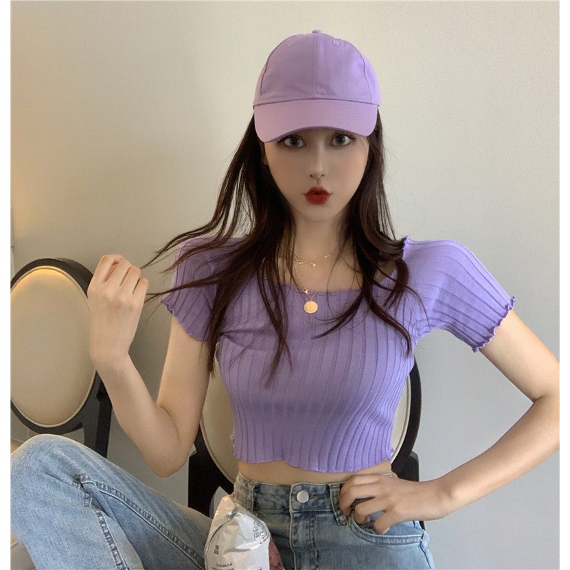 Áo croptop cổ vuông viền gợn sóng dệt kim gân đũa-ACN12