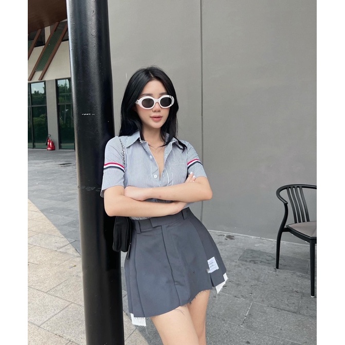 | Chang Tròn | Set Sơ Mi Chân Váy Xám Bigsize - Sẵn XXL