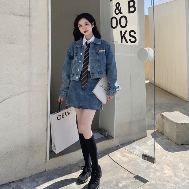 Set áo khoác denim + chân váy lưng cao Xiaozhainv phong cách retro (Có bán lẻ) | BigBuy360 - bigbuy360.vn
