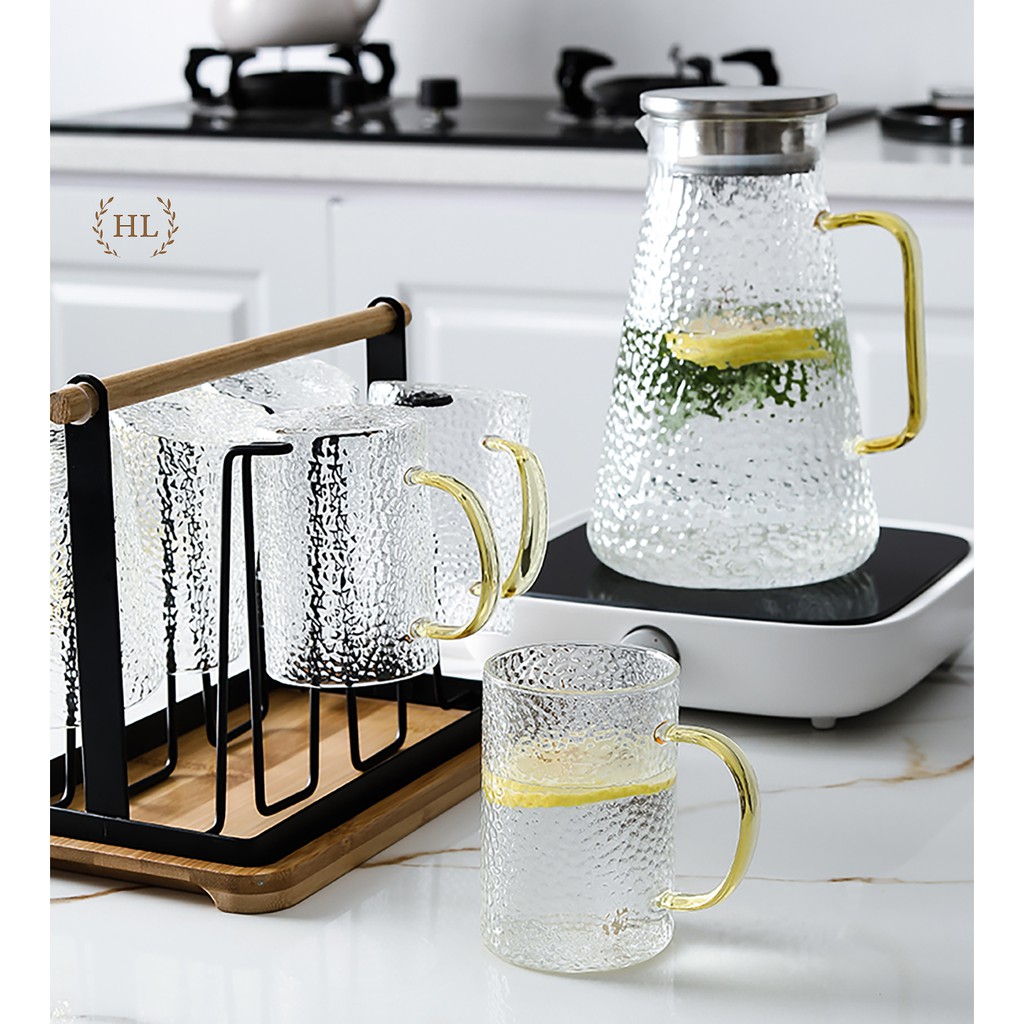 Bình thuỷ tinh chịu nhiệt sần quai vàng | Bộ bình cốc thủy tinh sần Borosilicate chịu nhiệt, chịu lực cao cấp