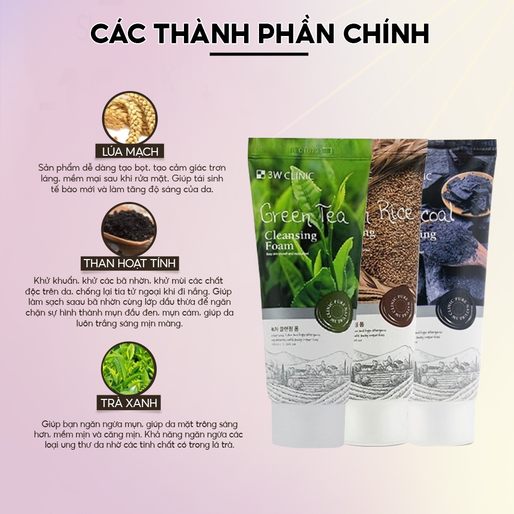 Sữa rửa mặt trắng da giảm mụn từ thiên nhiên 3W Clinic Hàn Quốc 100ml giúp da trắng sáng mềm mịn tự nhiên