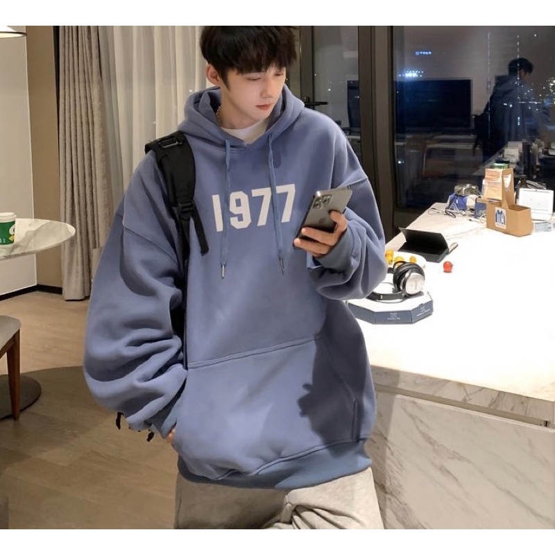Áo Hoodie Nỉ Bông Túi Bụng To Tay Suông Dài 1977