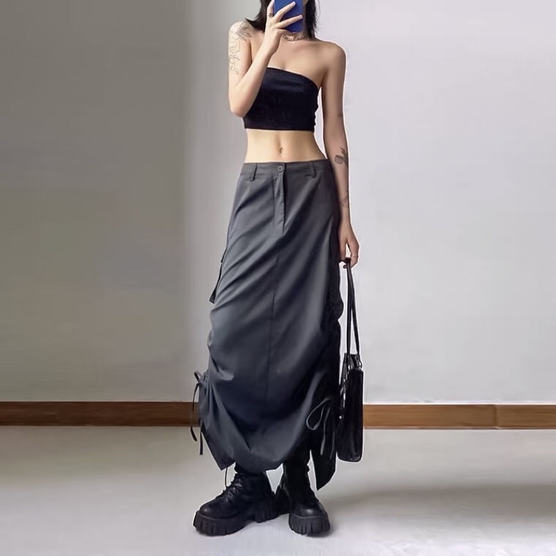 [Hình thật độc quyền THESIX.VN] Chân váy midi cargo dây rút 2 bên