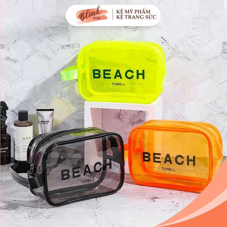 Túi đựng mỹ phẩm BEACH, cất giữ đồ cá nhân đi du lịch, chất liệu nhựa PU dẻo cao cấp trong suốt 3 màu sành điệu