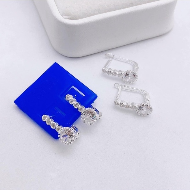 Bông tai nữ bạc thật đá tròn tăm chốt bấm LINH MIU SILVER