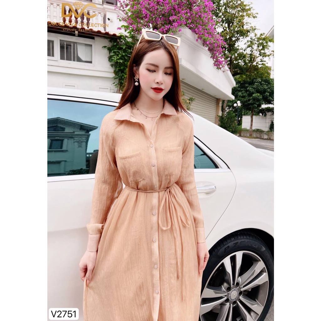 Váy voan tơ hàn kiểu sơ mi dáng dài siêu hot V2751