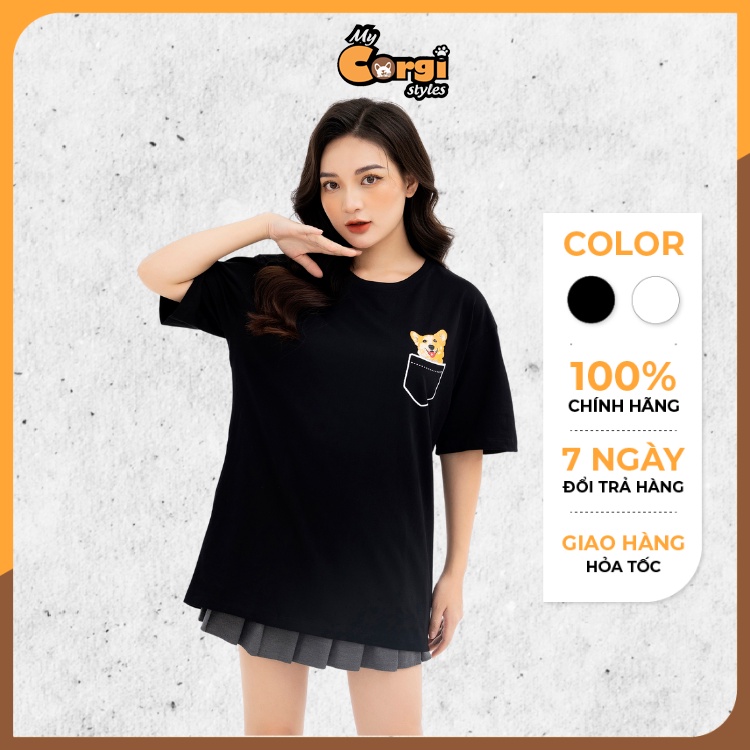 Áo thun unisex Corgi MCS túi áo phông nam nữ cotton tay lỡ cổ tròn oversize form rộng vải SÀI GÒN