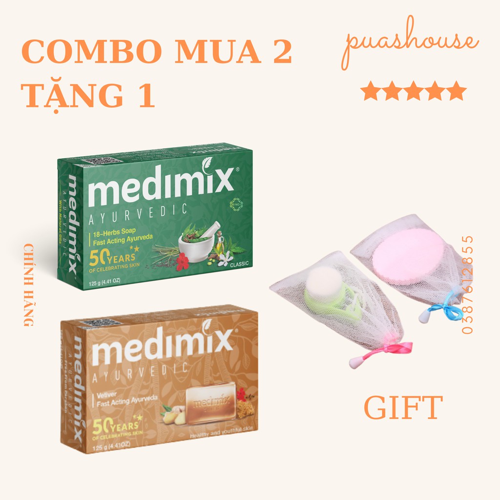 COMBO 2 BÁNH XÀ PHÒNG THẢO DƯỢC MEDIMIX 18 LOẠI THẢO DƯỢC - CỎ HƯƠNG BÀI 125G TẶNG 1 LƯỚI TẠO BỌT