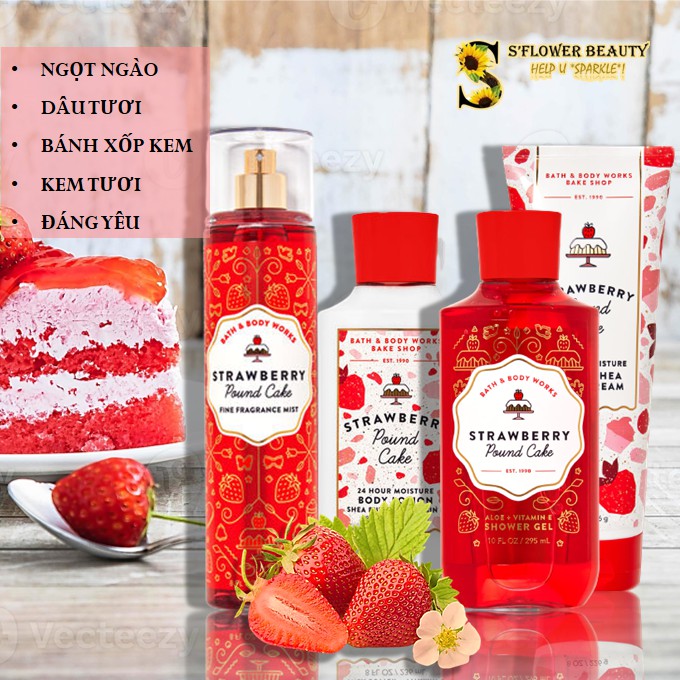 BST Bake Shop |🍓Strawberry Pound Cake 🍰| Bộ Sản Phẩm Gel Tắm - Dưỡng Thể - Xịt Thơm Nước Hoa Toàn Thân Bath & Body Works