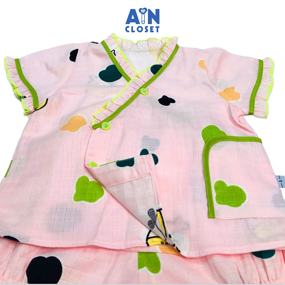 Bộ quần áo ngắn bé gái họa tiết Bò sữa nền hồng xô sợi tre - AICDBG2URGT0 - AIN Closet