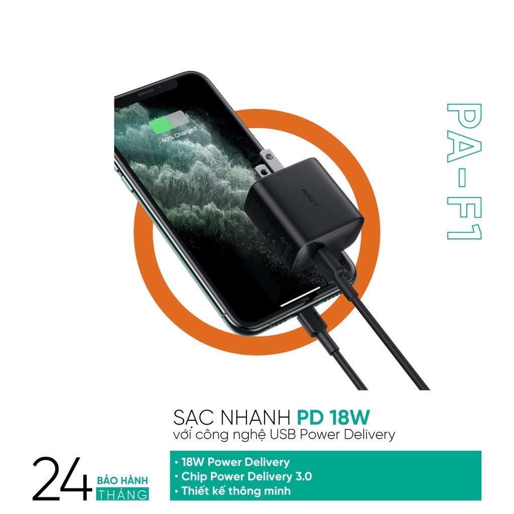 Củ Sạc nhanh iPhone, iPad Pro, S10, S9 AUKEY PA-F1 18W 01 cổng USB-C PD 3.0 18W