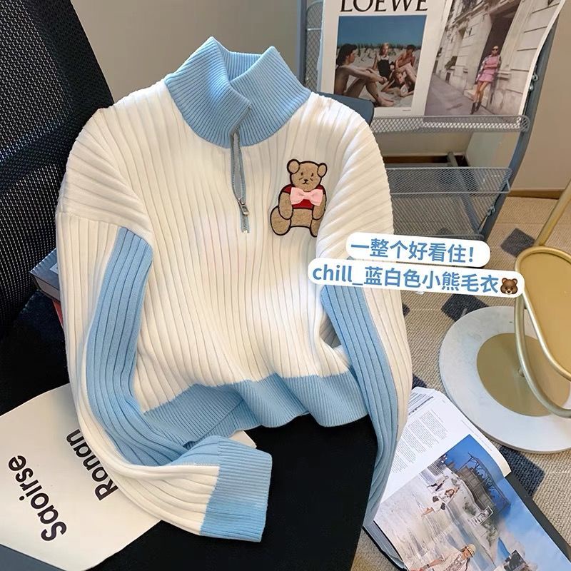 Áo Sweater Nữ Tay Dài Cổ Lọ Màu Sắc Tương Phản In Hình Gấu Đáng Yêu  tao bao