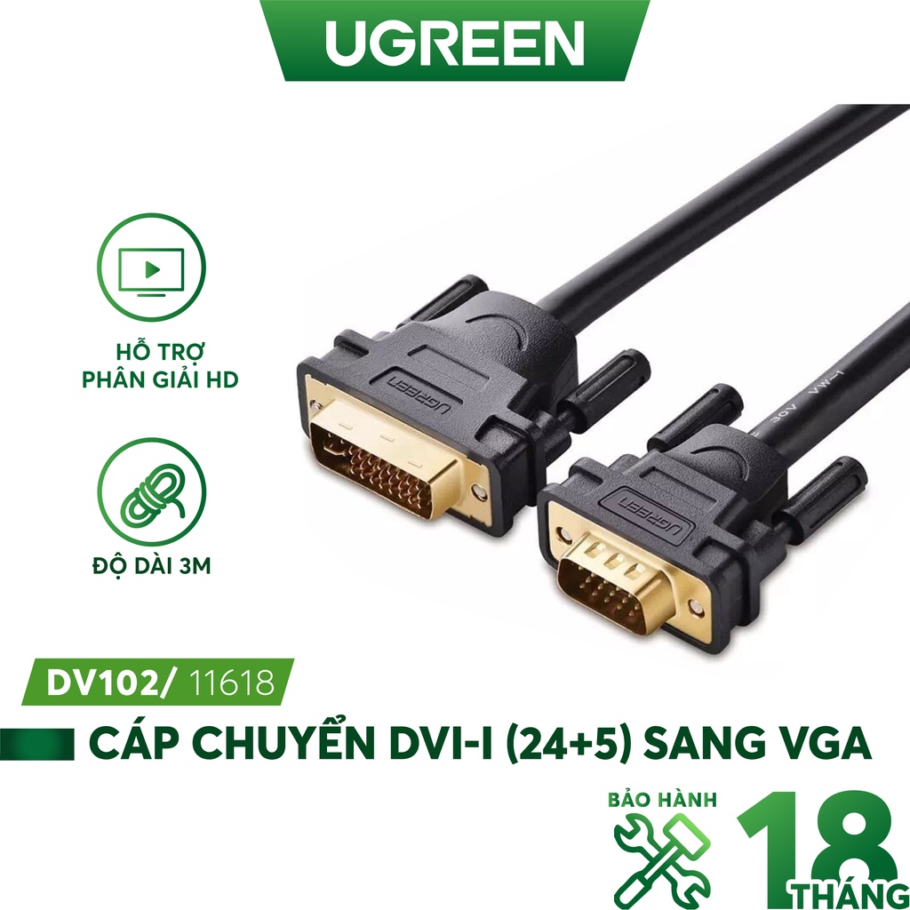 [Mã ELMALL10 giảm 10% đơn 500K] Cáp chuyển DVI-I (24+5) đầu đực sang cổng VGA đực độ dài từ 1-5m UGREEN DV102