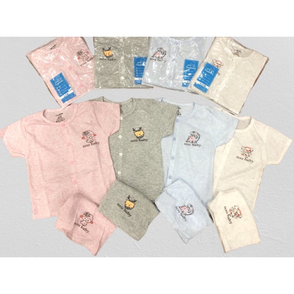 Bộ cộc tay Noubaby hình in ngực cotton loang mát mẻ 0-18m