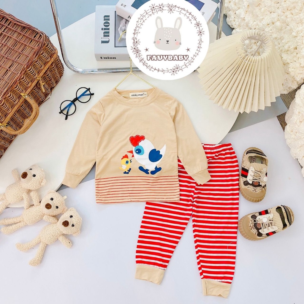 Bộ Dài Tay MINKY MOM Chính Hãng Bé Trai Bé Gái Thun Lạnh Sọc Quần Dệt Hình Gấu Dory Gà Con Khủng Long Mickey-Favybaby