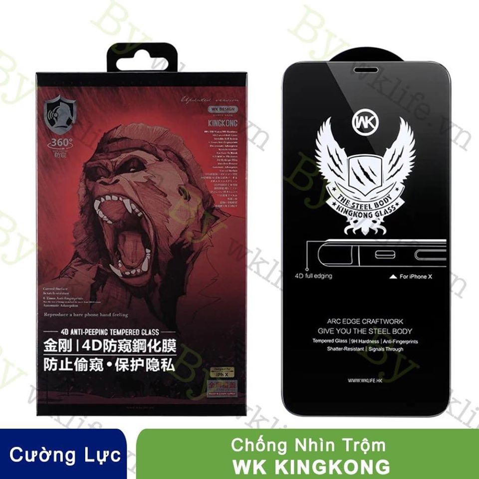 Kính Cường Lực Chống Nhìn Trộm Full Màn King Kong 4D Chính Hãng WK-Iphone 6/6s 6/6splus 7/8 7/8plus X/Xs Xsmax