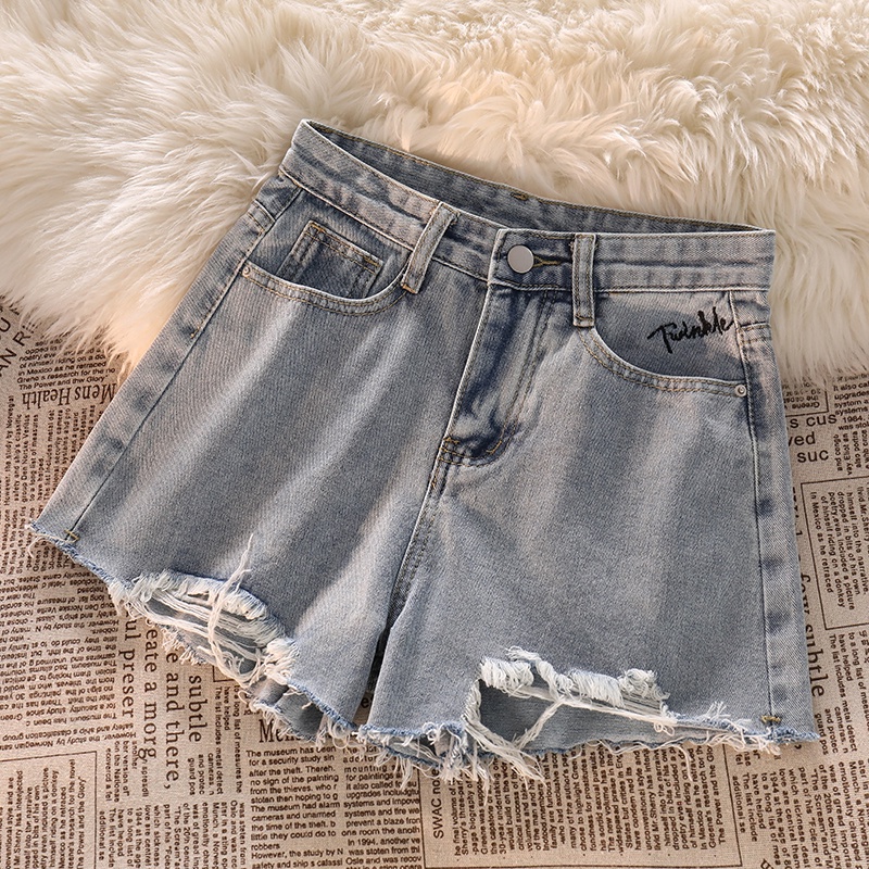 NUZIRO  Quần đùi  denim lưng cao ống rộng thiết kế rách cá tính thời trang dành cho nữ