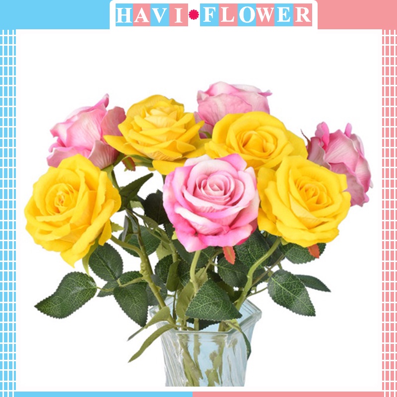 Hoa giả - Combo 10 cành Hoa Hồng Nhung Havi (65cm), đẹp giống thật
