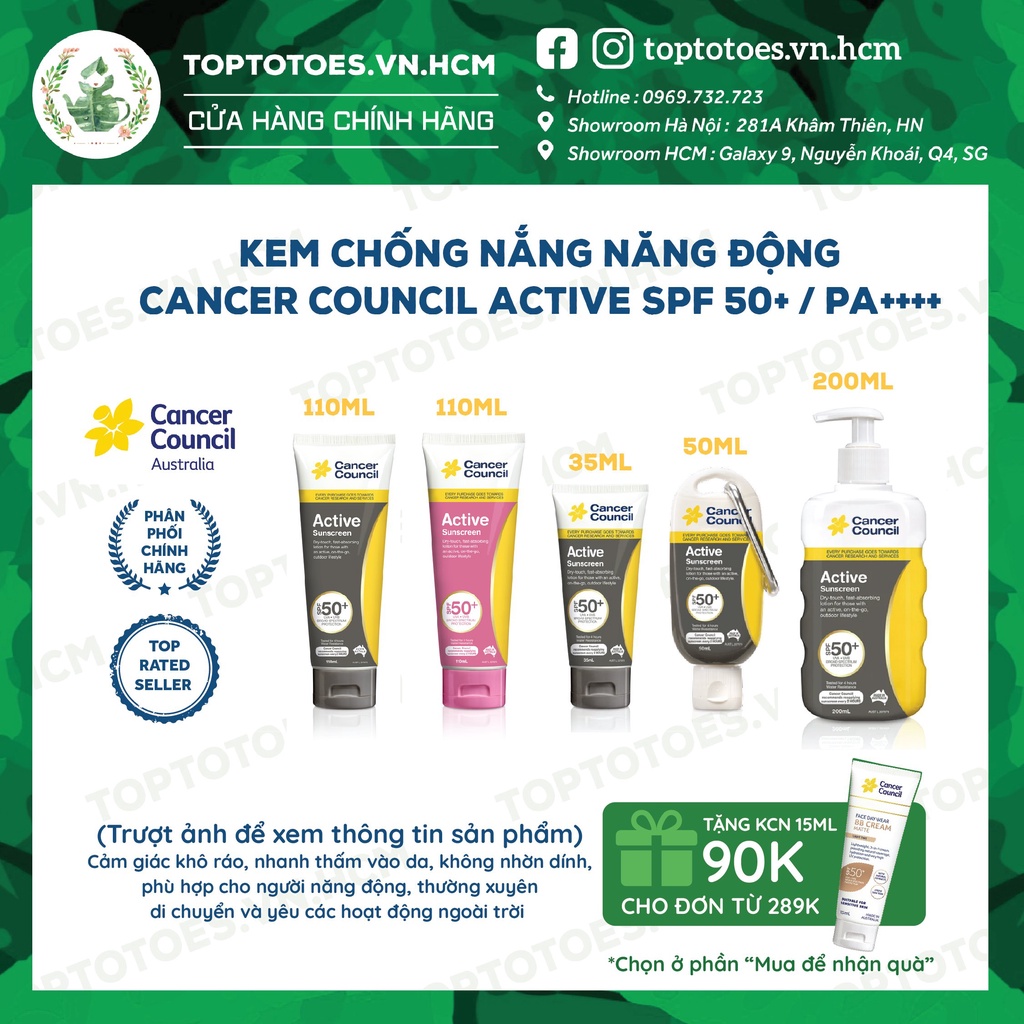 Kem chống nắng Năng động Cancer Council Active SPF 50+/ PA ++++