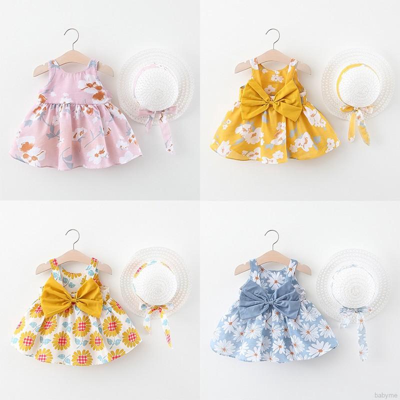 ♕ babyme ღ Baby Girls Floral Dress Suspenders Sweet Bow Dresses + Hat Set