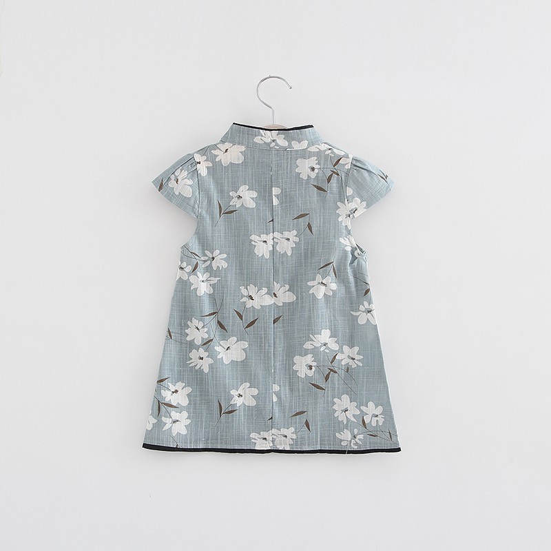 Đầm Sườn Xám Cotton Tay Ngắn In Họa Tiết Hoa Xinh Xắn Cho Bé Gái