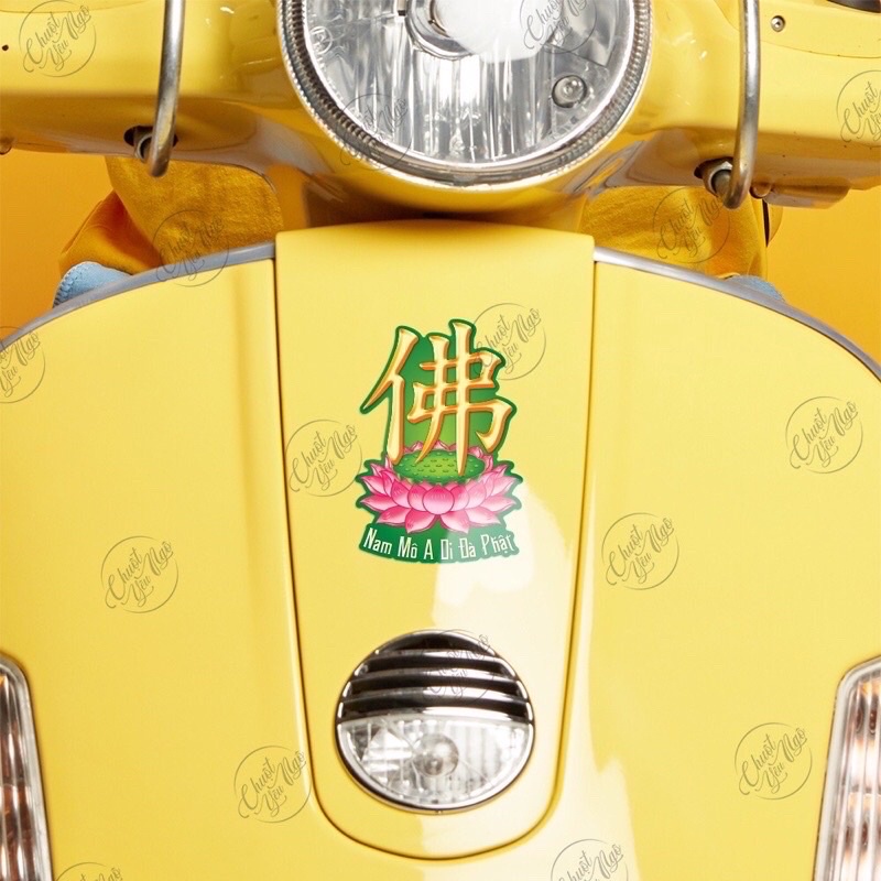Combo 5 hình decal dán chữ Phật hoa sen Nam Mô A Di Đà Phật cho ô tô, nhà cửa, Kích thước 12,5cm x 8cm và 14cm x 9cm