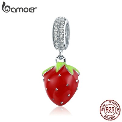Hạt Charm Bamoer SCC1537 Hình Quả Dâu Tây Đỏ Tráng Men Dùng Để Làm Mặt Trang Sức Vòng Tay