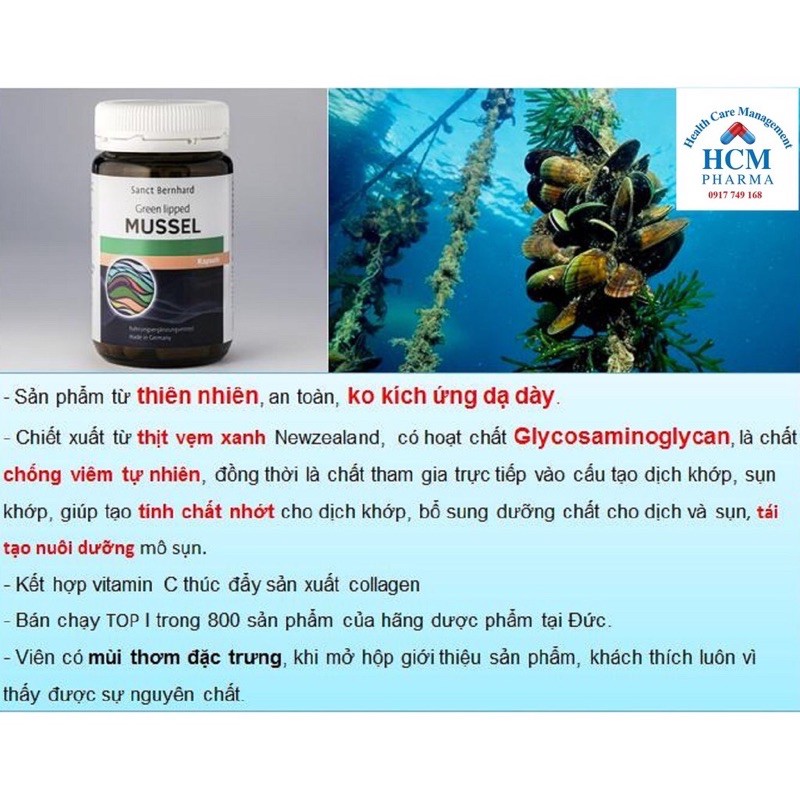 Hỗ trợ đau nhức xương khớp Mussel chiết xuất con vẹm xanh hộp 60viên
