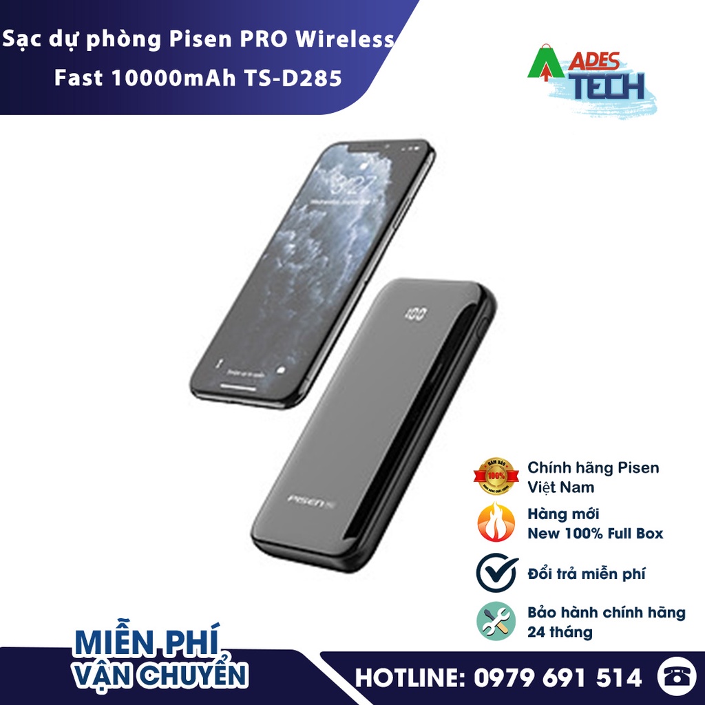 Sạc dự phòng Pisen PRO Wireless Fast 10000mAh TS-D285 - Sạc không dây tiện lợi - Bảo hành chính hãng