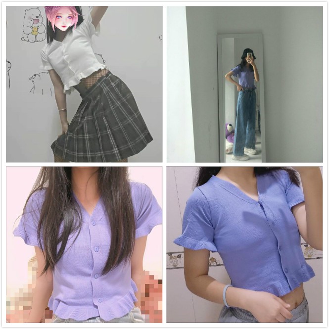 Áo croptop dệt kim ngắn tay màu trơn mùa hè cho nữ