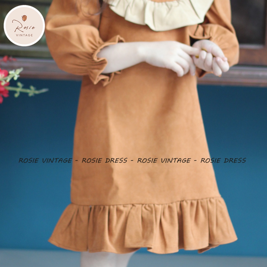Váy nâu cam viền bèo ROSIE V14 chất nhung mềm mịn, bèo ngực cách điệu cho bé gái từ 9-37kg